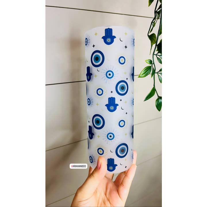 Tazza in vetro Evil Eye da 25 oz con coperchio in bambù e cannuccia per la vendita all'ingrosso da parte di My Dharma Shoppe