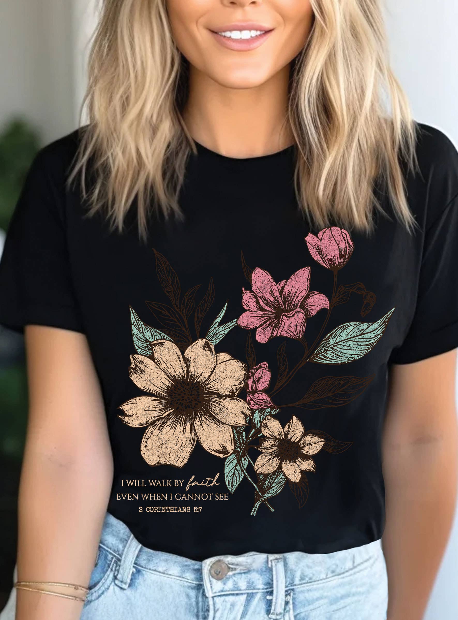 Rustee Clothing - Wholesale Screen Printed T-Shirt - Women's - I WILL WALK FAITH FLORAL GRAPHIC TSHIRTS1
