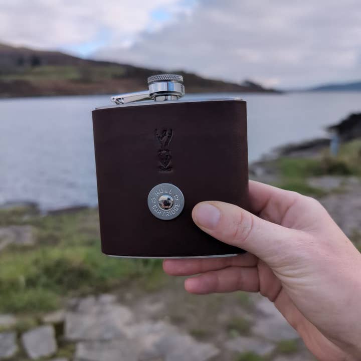 J Boult Designs - Wholesale Drink Huggers & Koozies - Shotgun Cartridge Leather Hip Flask — Hunting Gift for Him1