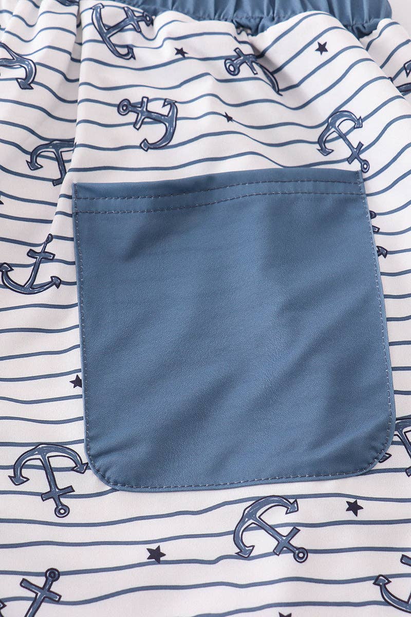 Aspen Rain Boutique - Wholesale Swim Shorts - Men's - Blue stripe anchor print dad swim trunks5