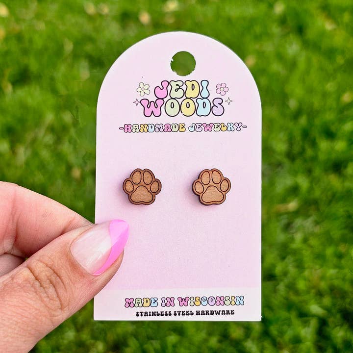 Wooden Paw Print Stud Earrings for wholesale by Jedi Woods LLC