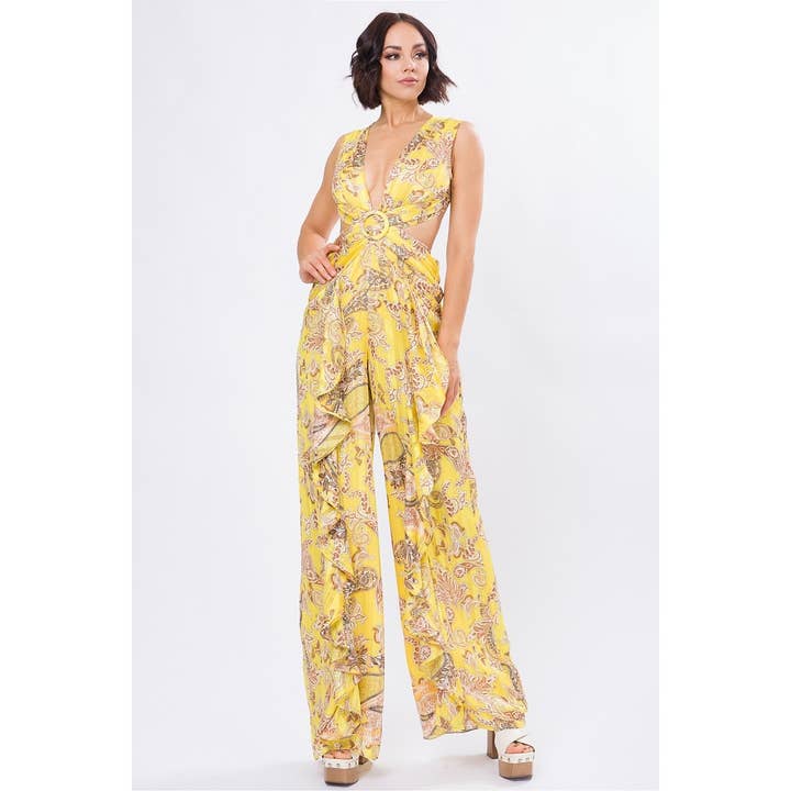 DORCAS - Wholesale Jumpsuit - Women's - YORYU PRINT DEEP V-NECK RUFFLE JUMPSUIT