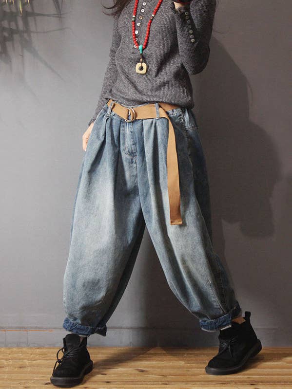 BLÅ Vintage Denim Lös elastisk midja Bloomers Byxor för wholesale på Faire