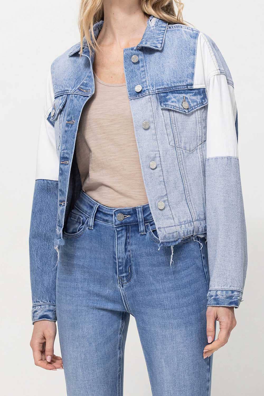 DENIM FARVEBLOK PATCHWORK OVERSIZE CROP DENIM JAKKE V2727J for engroshandel på Faire2