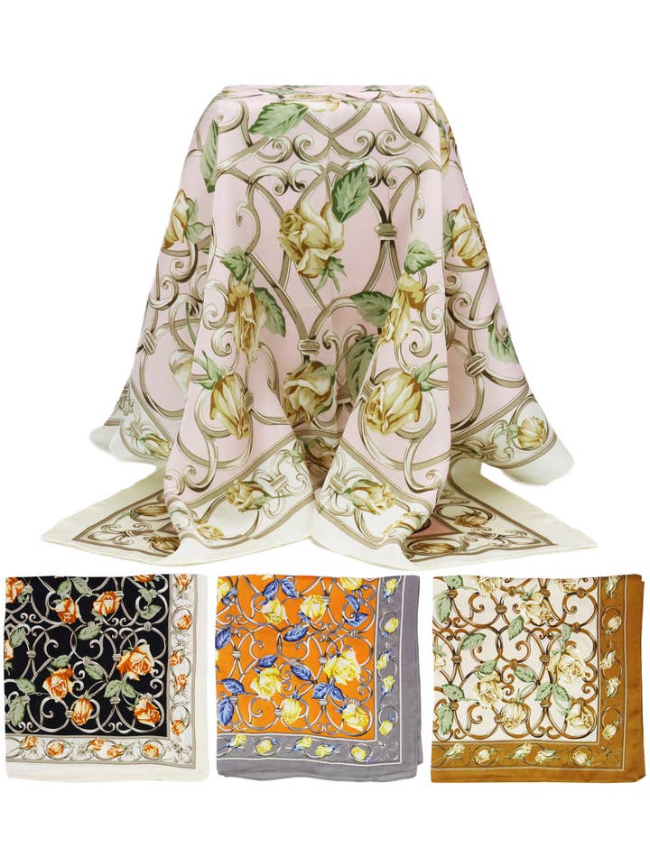 Rose Filigree Semi-Sheer Faux Silk Square Scarf for wholesale by Cap Zone