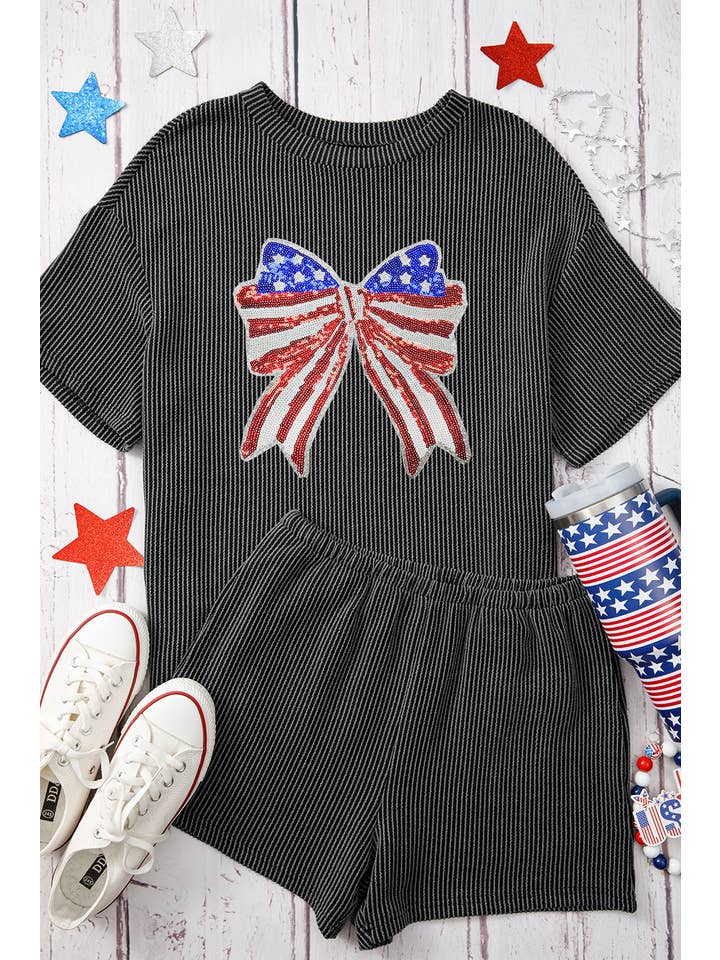 Aapparella - Wholesale Sleepwear Set - Women's - Sequined Sequin USA Flag Bow Corded Pajamas Set | S-2XL