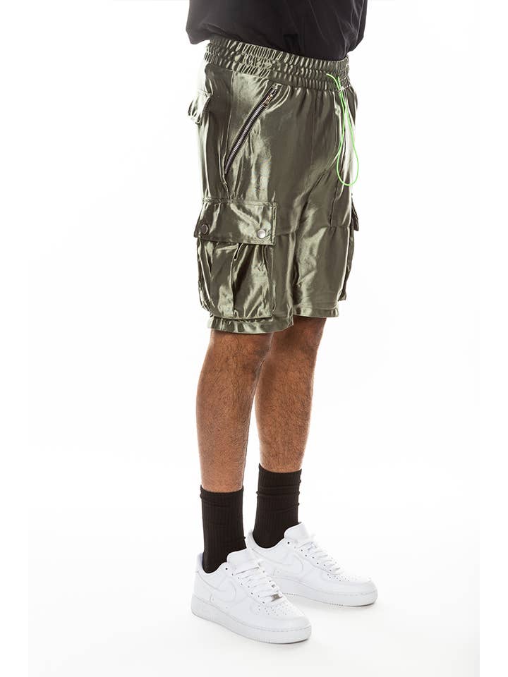 WEIV - Wholesale Shorts - Men's - Mens Satin Cargo Utility Shorts with Snap Button Pockets