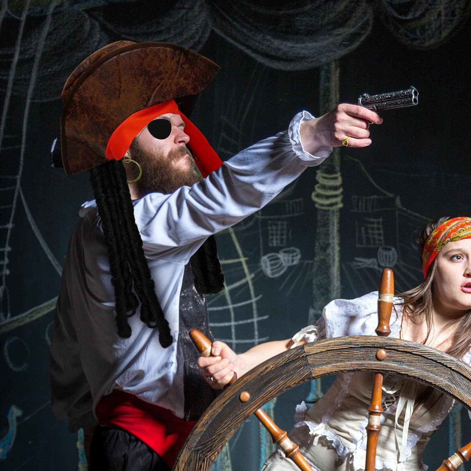 4E's Novelty - Vente Déguisement – unisexe - Ensemble de 3 accessoires pour pirates : cache-œil, chapeau de pirate avec cheveux dreadlocks et bandana rouge7