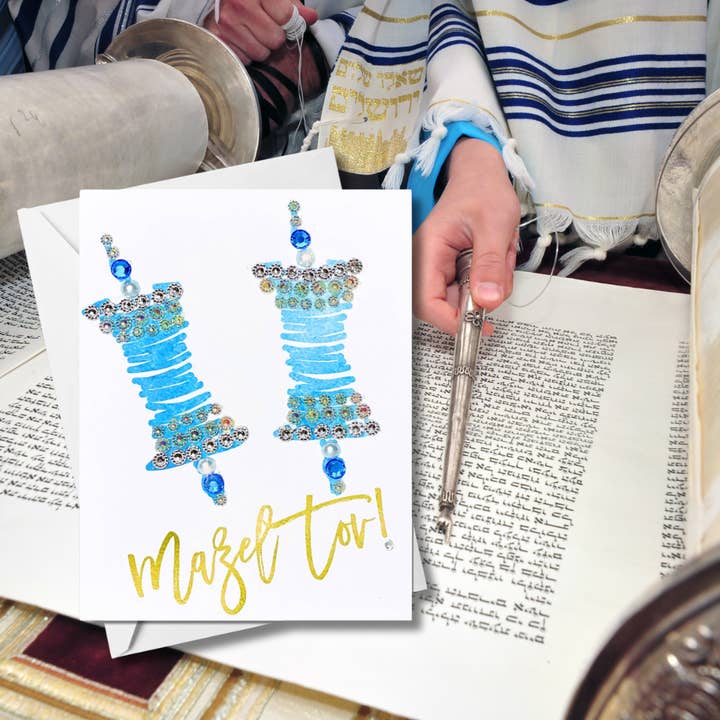 Russell Jeffery Design by Off By Heart Design - Wholesale Congratulations Card - Mazel Tov Bar/Bat Mitzvah - Blue and Gold Torah Scroll1