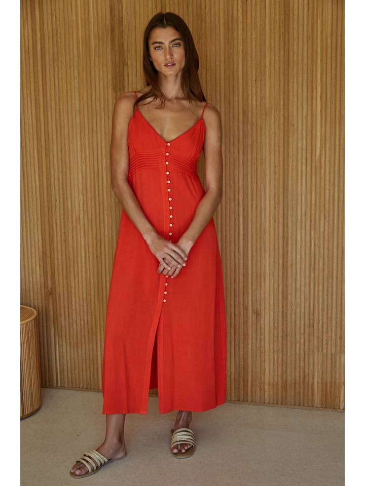 Red Orange L8172 | Woven Linen Rayon Button Down V-Neck Midi Dress for wholesale on Faire