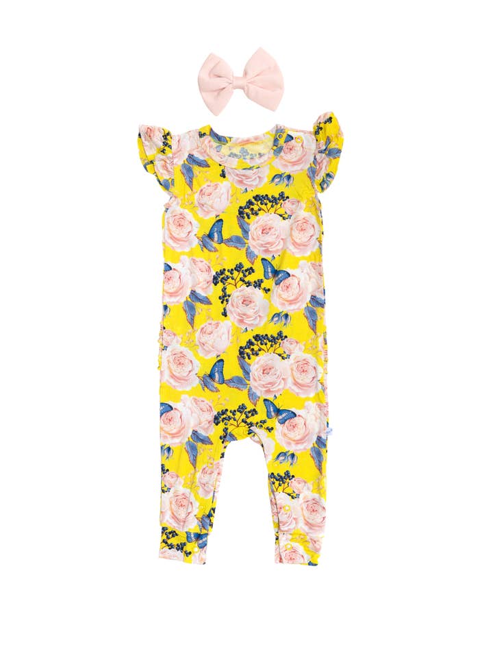 Stone and Rose - Wholesale Jumpsuit - Baby - Floral Butterfly Flutter Sleeve Ruffled Romper