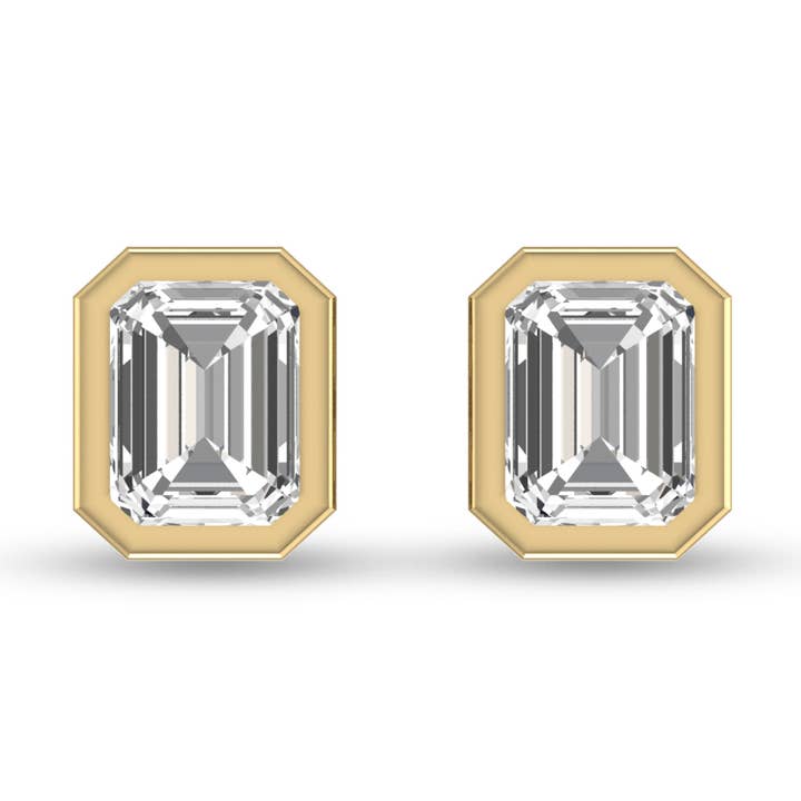 Lab Grown Emerald Bezel Diamond Earrings in 14K Yellow Gold for wholesale by Szul USA LLC