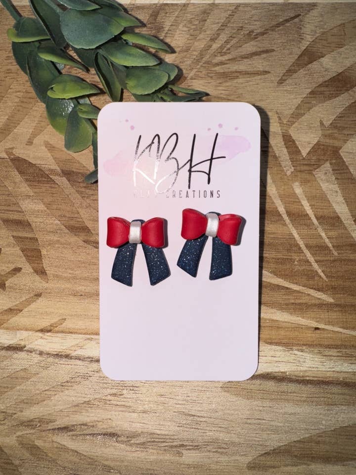 Red, White and Blue Bow Stud Handmade Clay Earrings for wholesale by KBH CREATIONS