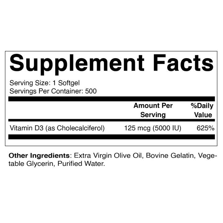 Vitamatic - Wholesale Oral Supplement/Vitamin - Vitamatic Vitamin D3 5000 IU (125 mcg) - 500 Softgels