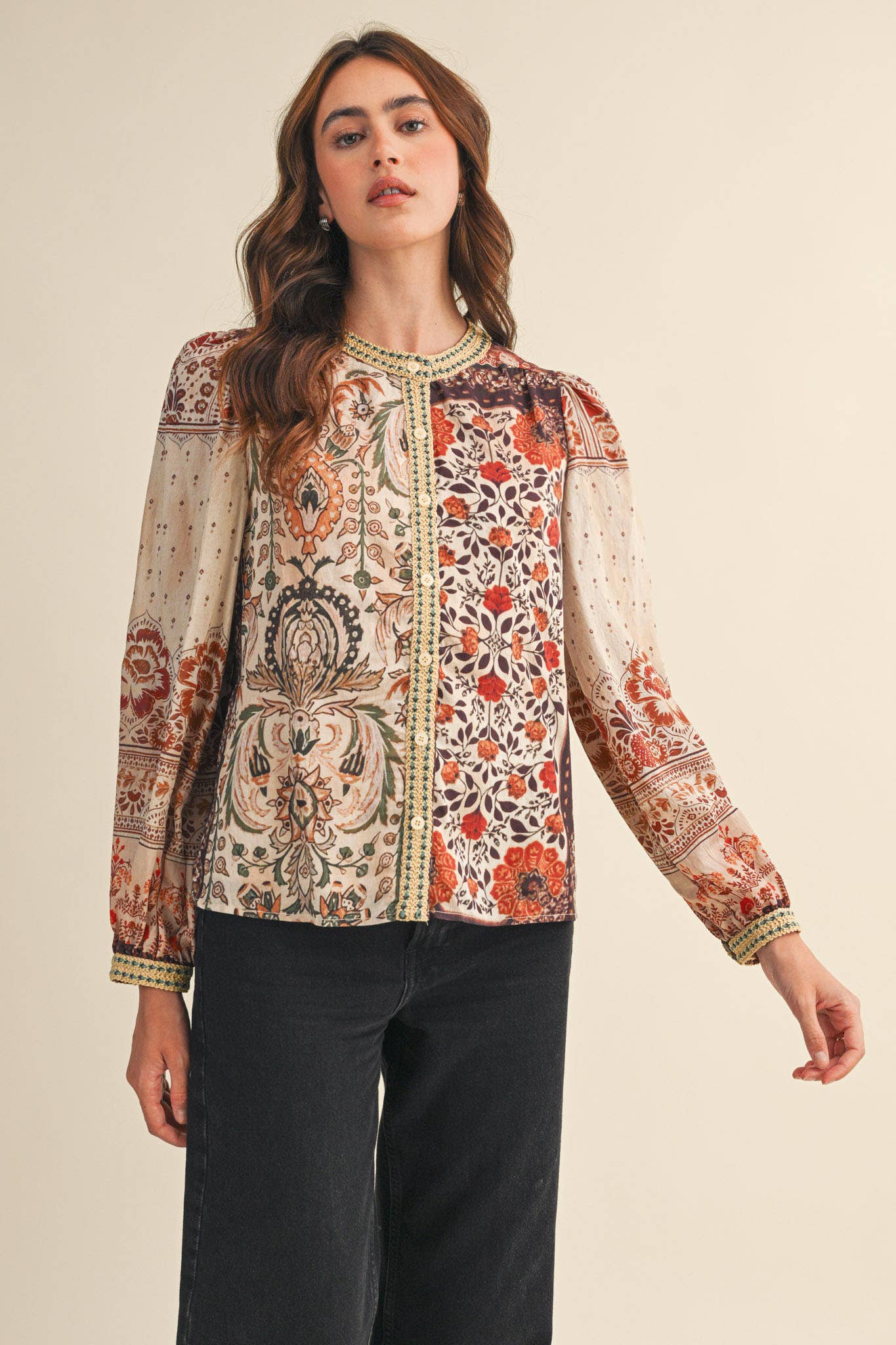 &MERCI - Wholesale Button Down Shirt - Women's - PATCHWORK PRINT CROCHET TRIM BUTTON DOWN TOP MTP43822