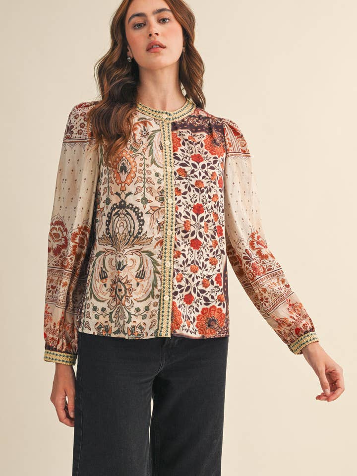 &MERCI - Wholesale Button Down Shirt - Women's - PATCHWORK PRINT CROCHET TRIM BUTTON DOWN TOP MTP43822