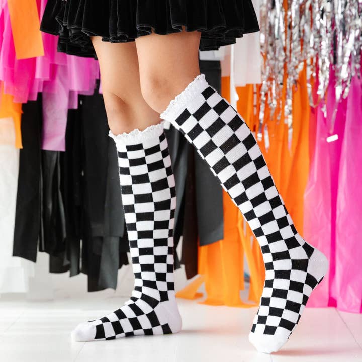 Little Stocking Co. - Vente Chaussettes – enfant et bébé - Chaussettes hautes en dentelle à carreaux - Blanc/noir
