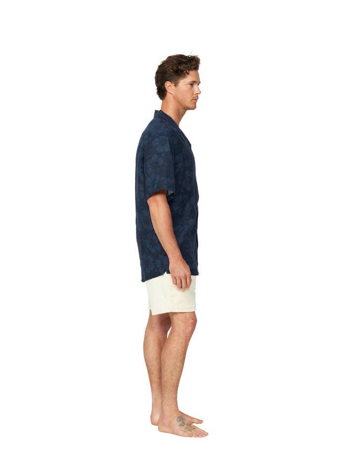 Okanui - Wholesale Buttoned-down shirt – Men's - Mens - Aloha Shirt - Hibiscus Tonal Navy1