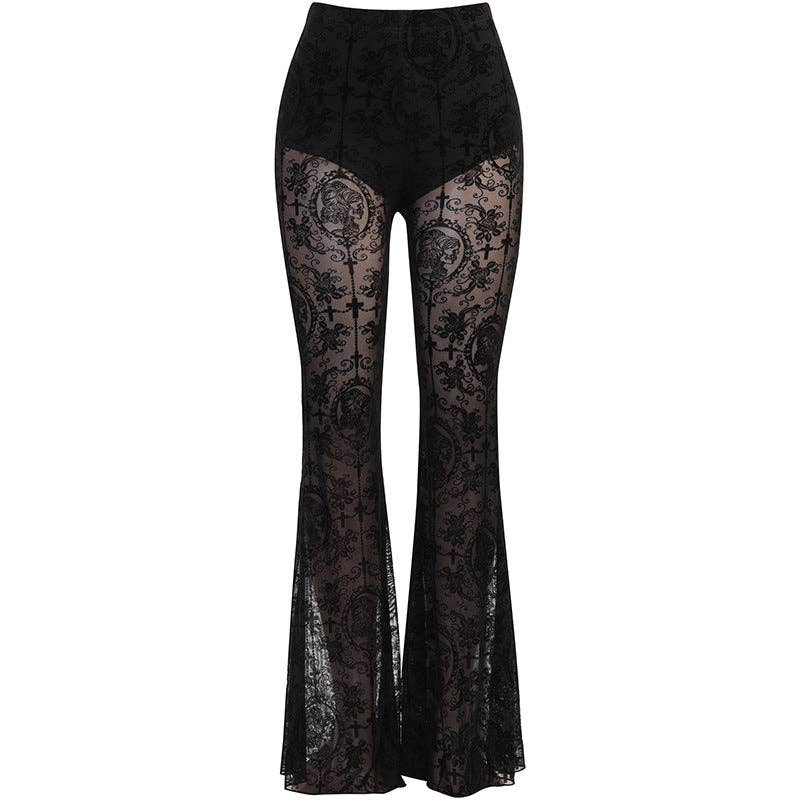 Black Women Fashion Gothic Lace Splicing Perspective High Waist Slim Fit Pants for wholesale on Faire4