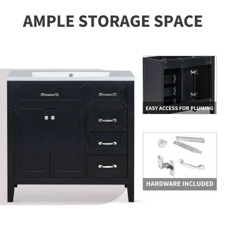 Orange County Decor - Wholesale Cabinet - 36" Bathroom Vanity Without Sink, Cabinet Base Only, Bathroom Cabinet With Drawers, Solid Frame And Mdf Board, Black Black Solid Wood Mdf