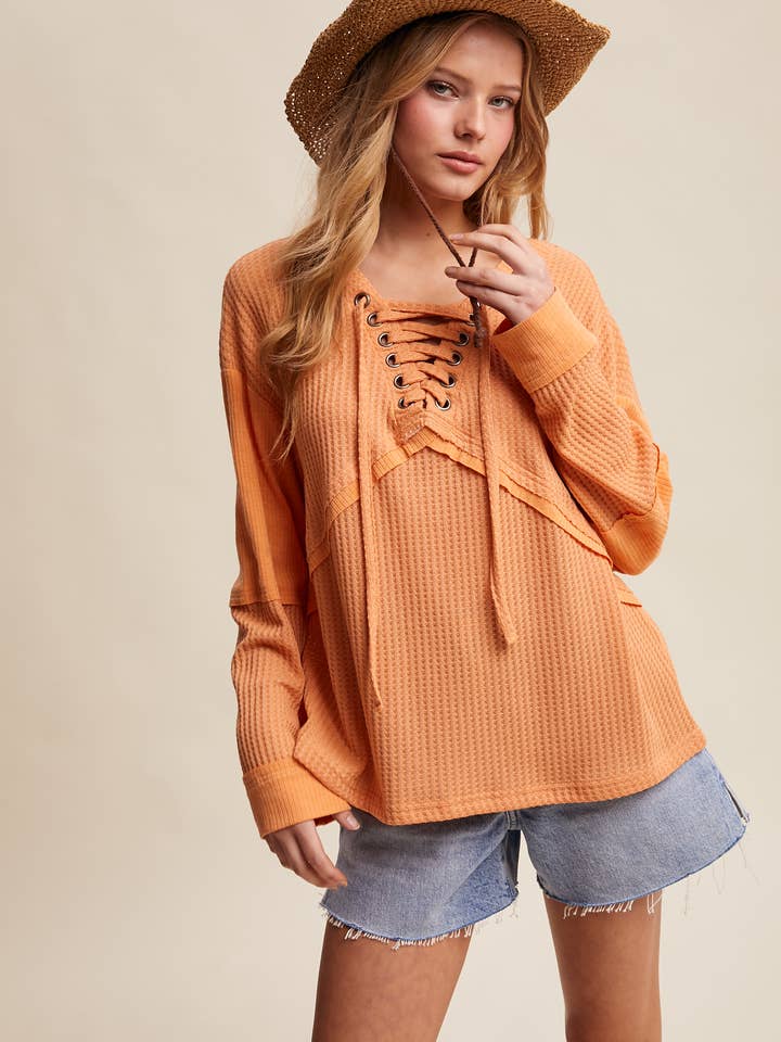 Lace-Up Thermal Waffle Top LT1142 for wholesale by Listicle
