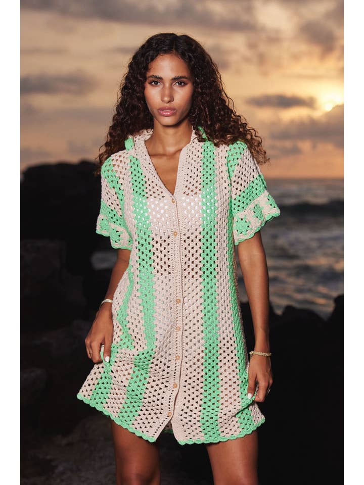 State of Georgia - Wholesale Buttoned-down shirt – Women's - THE COVE CROCHET SHIRT DRESS - GREEN STRIPES1