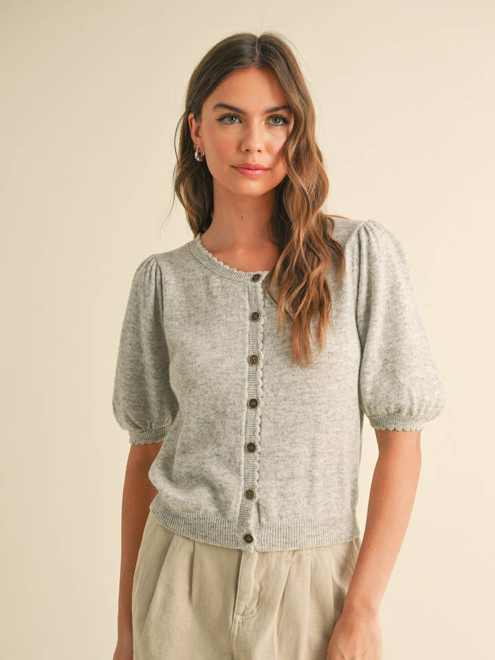MIOU MUSE - Wholesale Cardigan - Women's - J5056 PUFF SHORT SLEEVE BUTTON DOWN KNIT CARDIGAN