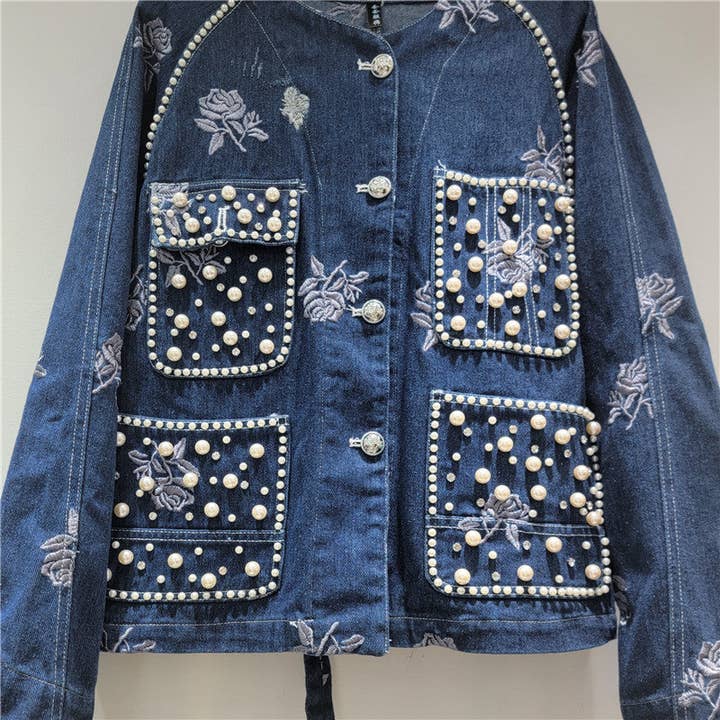 M304 Embroidered Beaded Floral Dark Blue Denim Jacket for wholesale on Faire2