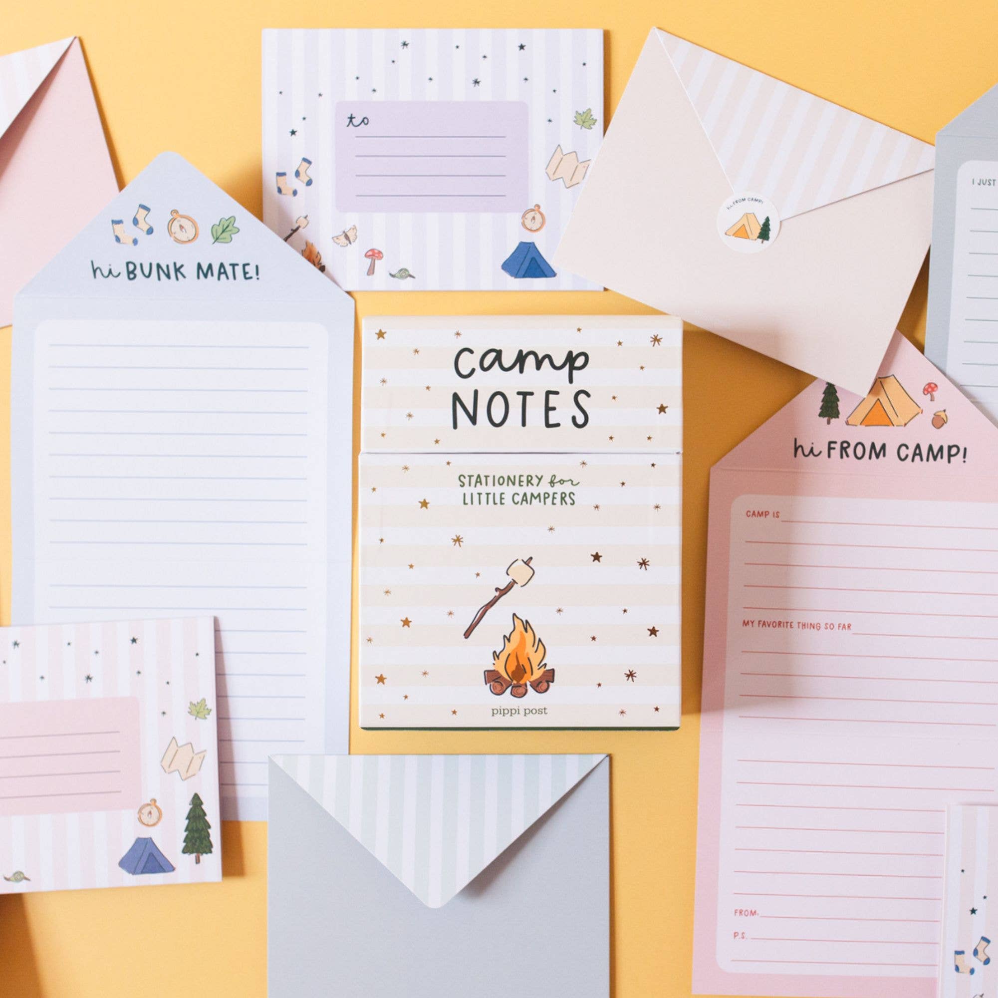 Pippi Post – Engroshandel Brevpapir/sæt med noteskort – Camp Notes sæt med foldede kort og klistermærker6