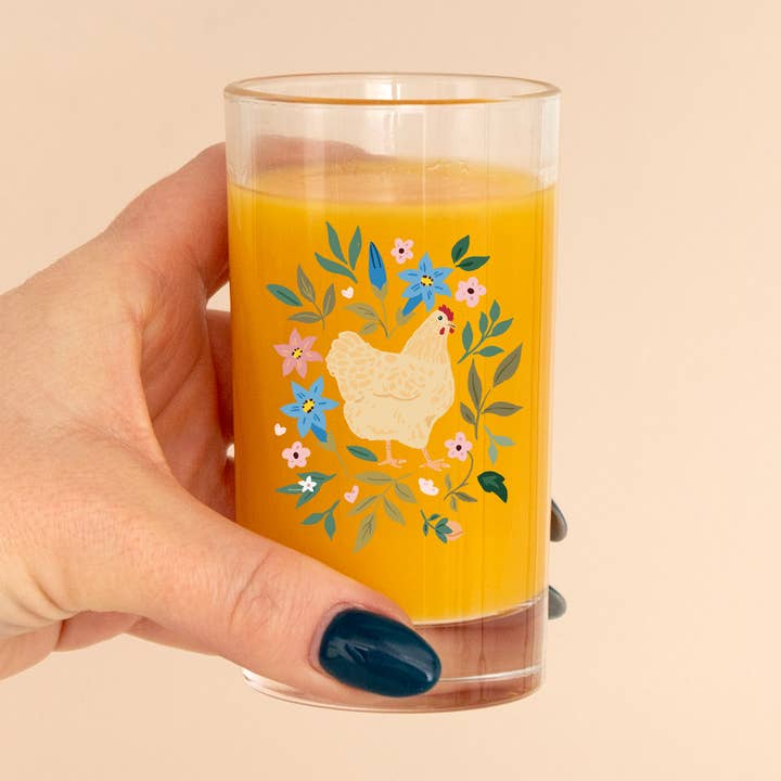 Orpington Chicken Folk Floral Mini Juice Glass for wholesale by Paper Farm Press