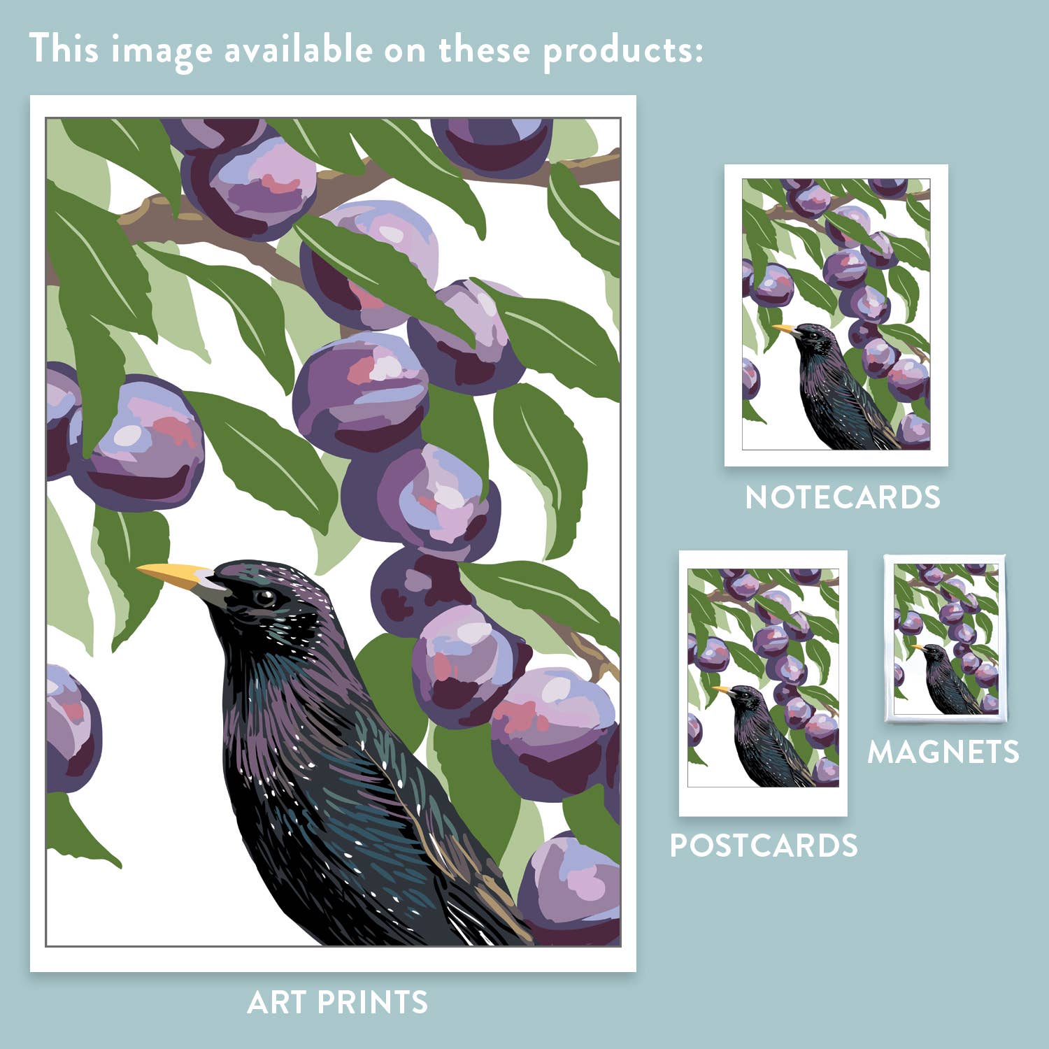 Rigel Paper - Venta al por mayor Ilustración - Impresión de Arte de Estornino y Ciruelas: Pájaro en Jardín de Frutas3