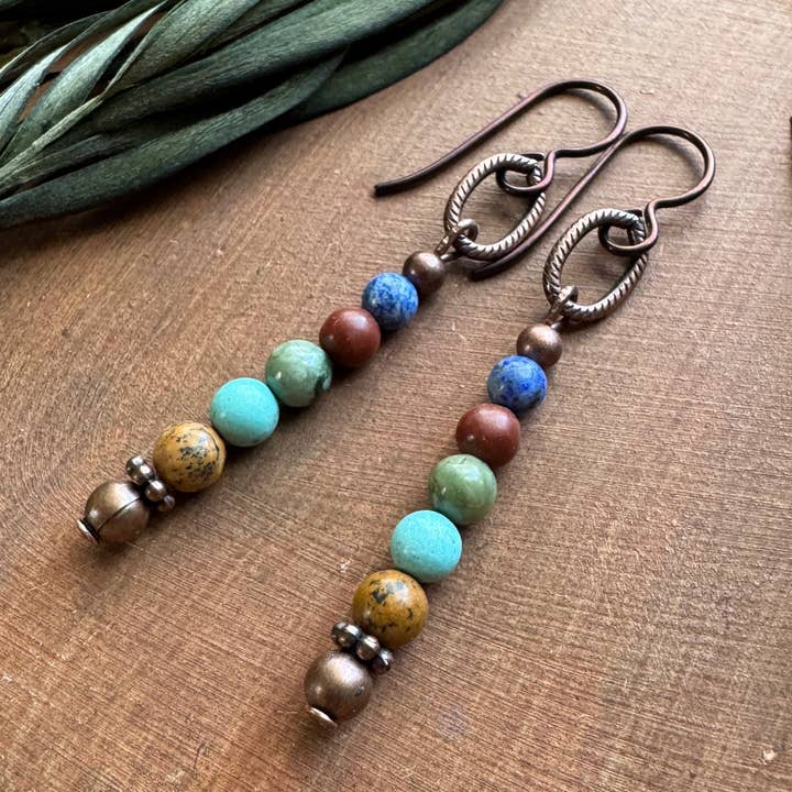 Long Gemstone Earrings, Stacked Bead, Southwest Sodalite for wholesale by Vintage Earth