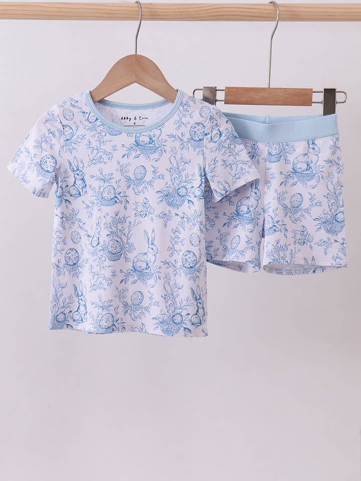 Conjunto de calções de pijama azul coelho ovo bambu por atacado de Aspen Rain Boutique