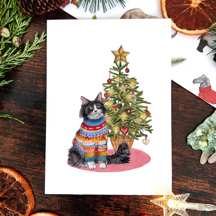 Hand Illustrated Black and Cat Cat Christmas Card for wholesale by Beth Goodwin Designs