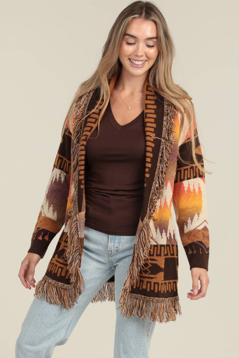 ANGIE - Vendita all'ingrosso Cardigan - Donna - Cardigan con frange e collo a scialle azteco XHS96-ASIS3