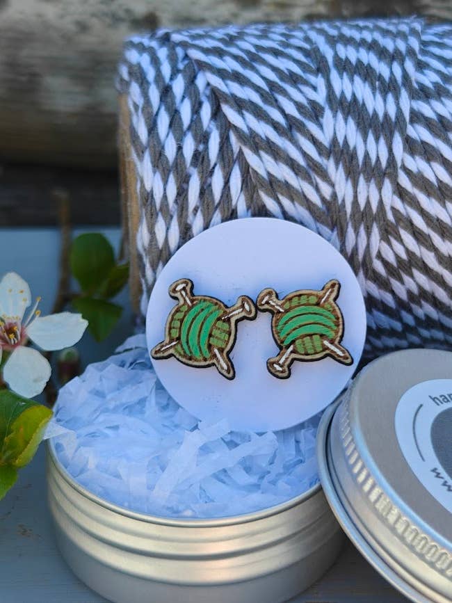 Handmade Green Knitting Yarn Ball Earrings with Gift Tin for wholesale by Hyggestyle