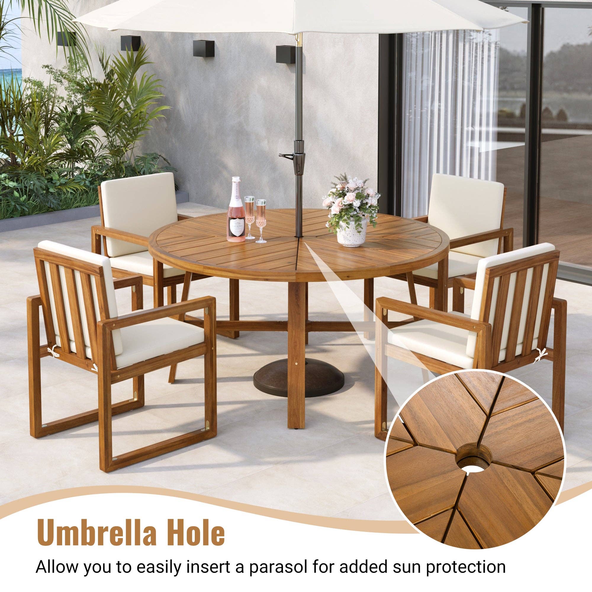 HOMYCASA DESIGN INC - Wholesale Patio Set - 5-Piece Outdoor Patio Dining Set Acacia Wood with Four Armchairs and Table, Beige4