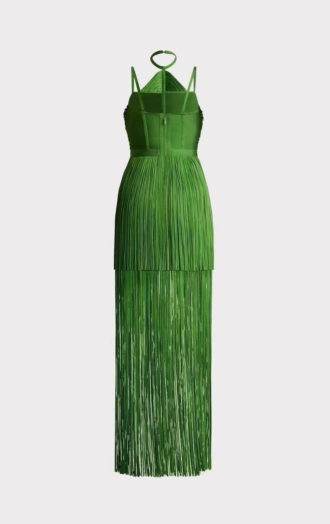 DR0249Y Sultry Green Fringe Halter Maxi Dress for wholesale on Faire5
