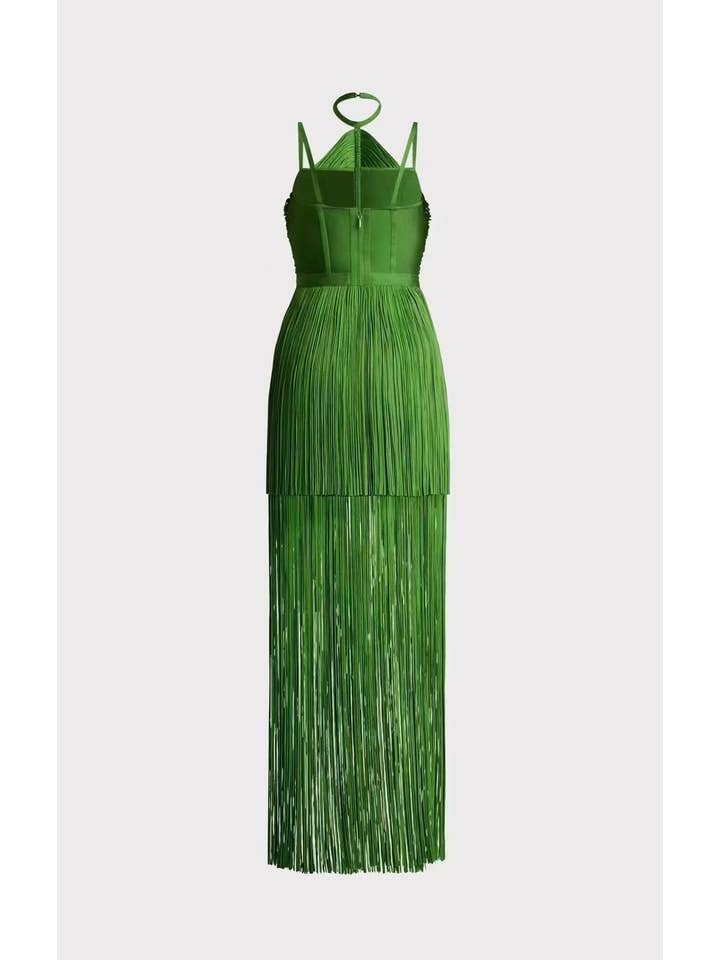 DR0249Y Sultry Green Fringe Halter Maxi Dress for wholesale on Faire5