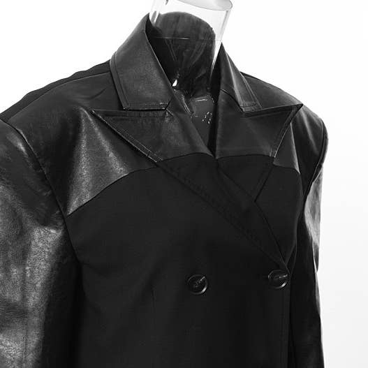 Black CT060 Chic PU Leather Spliced Windbreaker Coat for wholesale on Faire6