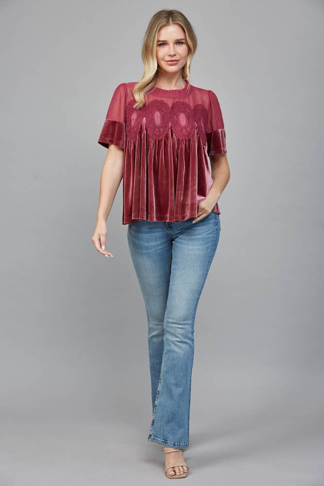 FATE – Blusa - Mulher por atacado – TOP DE VELUDO COM DETALHE DE RENDA FT2547413
