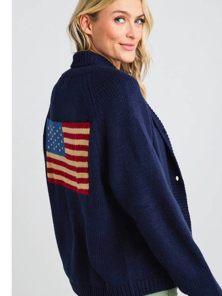 Flag Varsity Cardigan in Navy for wholesale by Pink Pineapple