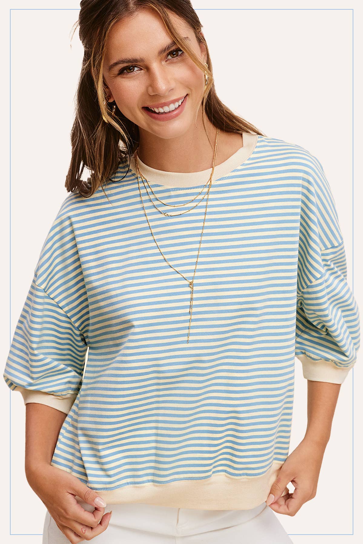 La Miel – Engroshandel Strikket top - Dame – MCT7688-løs pasform Stribet kortærmet top med rund halsudskæring26