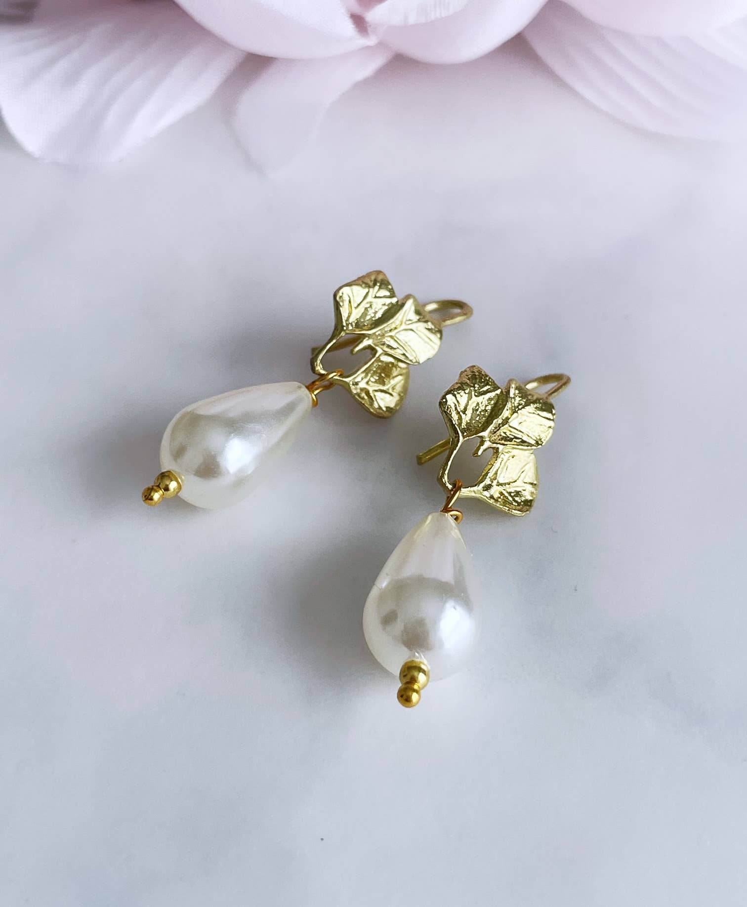 Pearl and Ivy Studio - Wholesale Dangle Earrings - Brass flower earrings faux pearl - small Orchid Drops