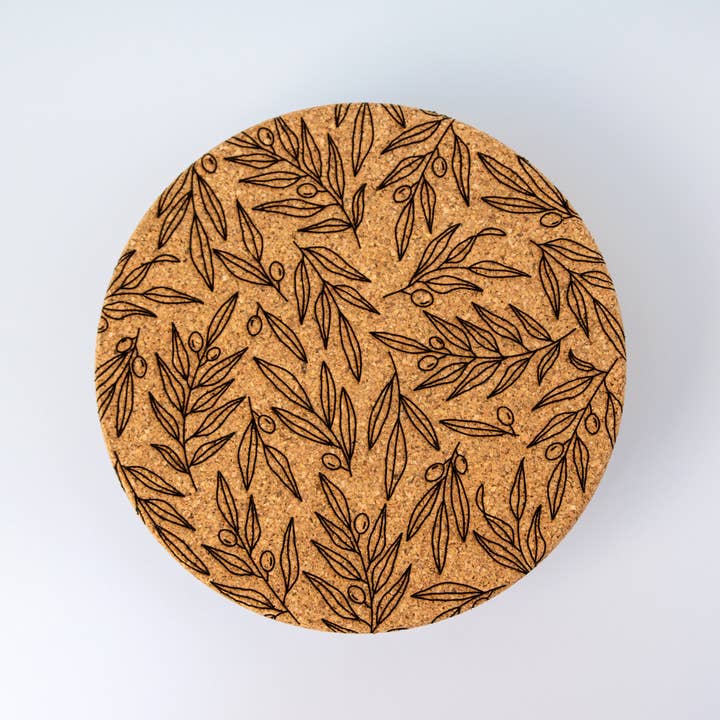 Damron Decor - Wholesale Coasters - Laser Engraved Olive Branch Leaves Cork Trivet Home Decor1