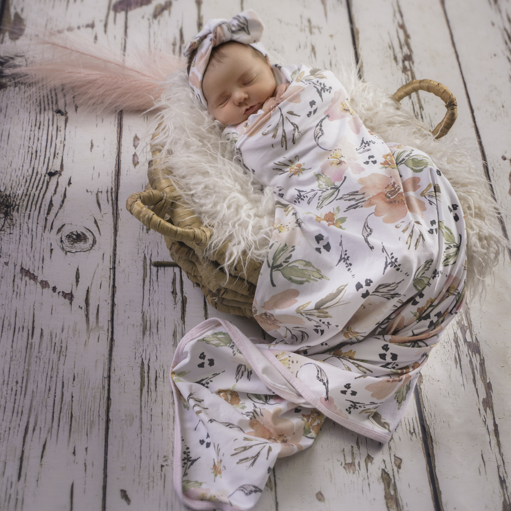 Minky Myles – Conjunto de Swaddle - Bebé por atacado – Manta floral com faixa - conjunto de envolvimento2