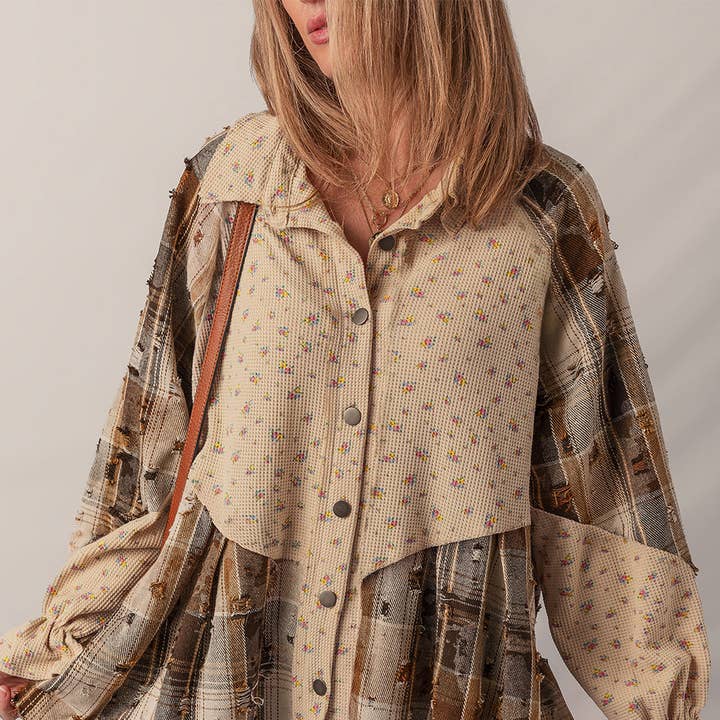 Oatmeal Boho Floral Plaid Patchwork Distressed Detail Ruffled Sleeve Waffle Knit Shacket and other Purchase Wholesale outerwear apparel. Free Returns & Net 60 Terms on Faire trending on Faire.