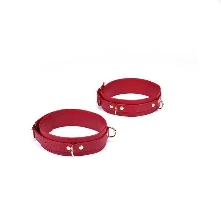 Liebe Seele - Wholesale Sex toy - Red Faux Leather Wrist to Thigh Cuffs Kit1