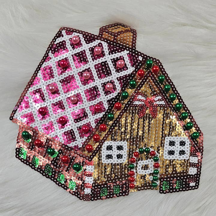 Scratch Decor - Wholesale Patch - Sequin Gingerbread House With Pink Roof Sequin Iron On Patch