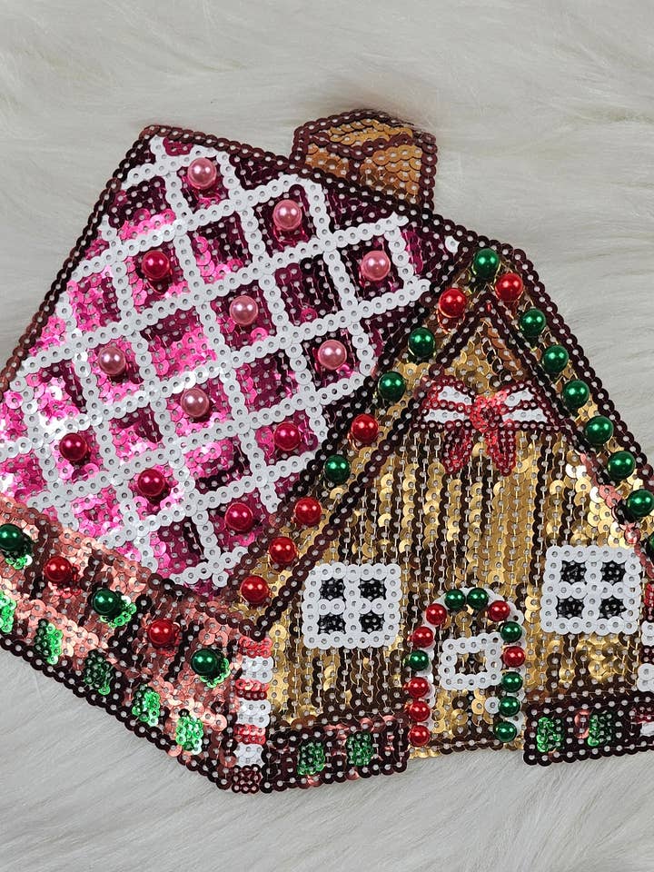 Sequin Gingerbread House With Pink Roof Sequin Iron On Patch for wholesale by Scratch Decor
